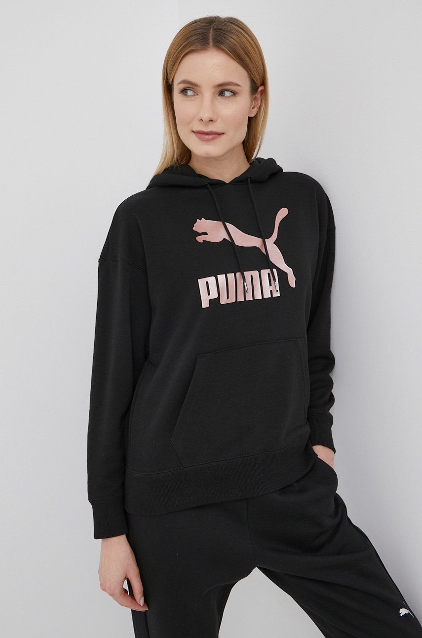 Puma bluza kolor czarny z kapturem z nadrukiem