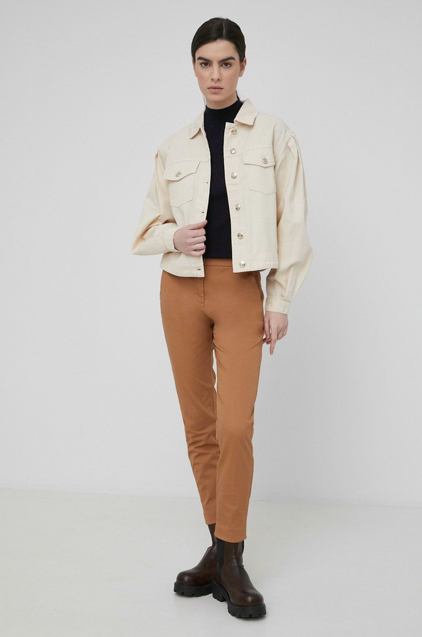 Sisley spodnie damskie kolor brązowy dopasowane medium waist