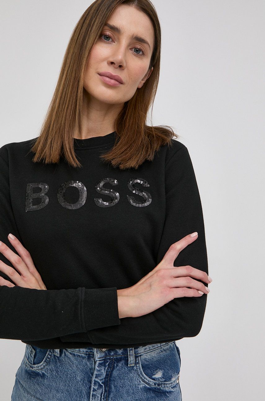 Boss Bluza bawełniana damska kolor czarny z aplikacją
