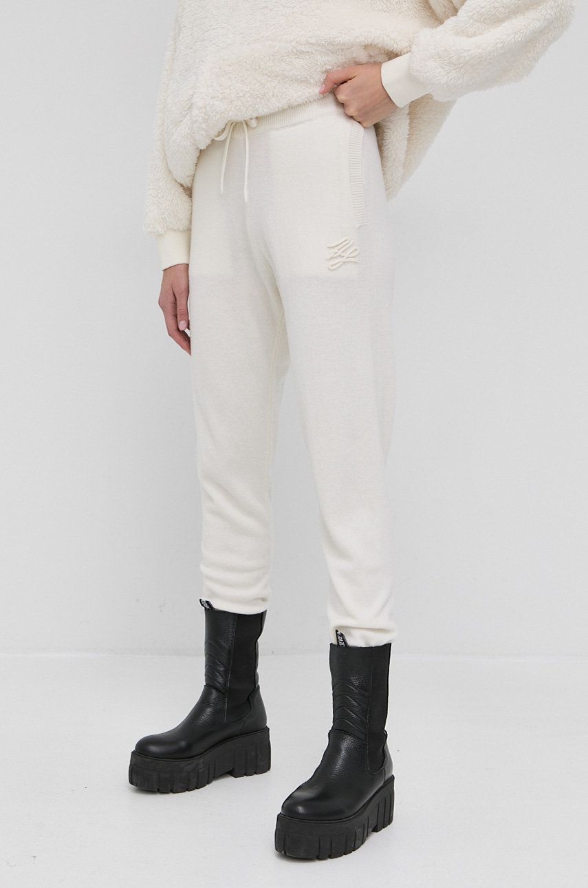 Karl Lagerfeld Spodnie wełniane damskie kolor kremowy gładkie