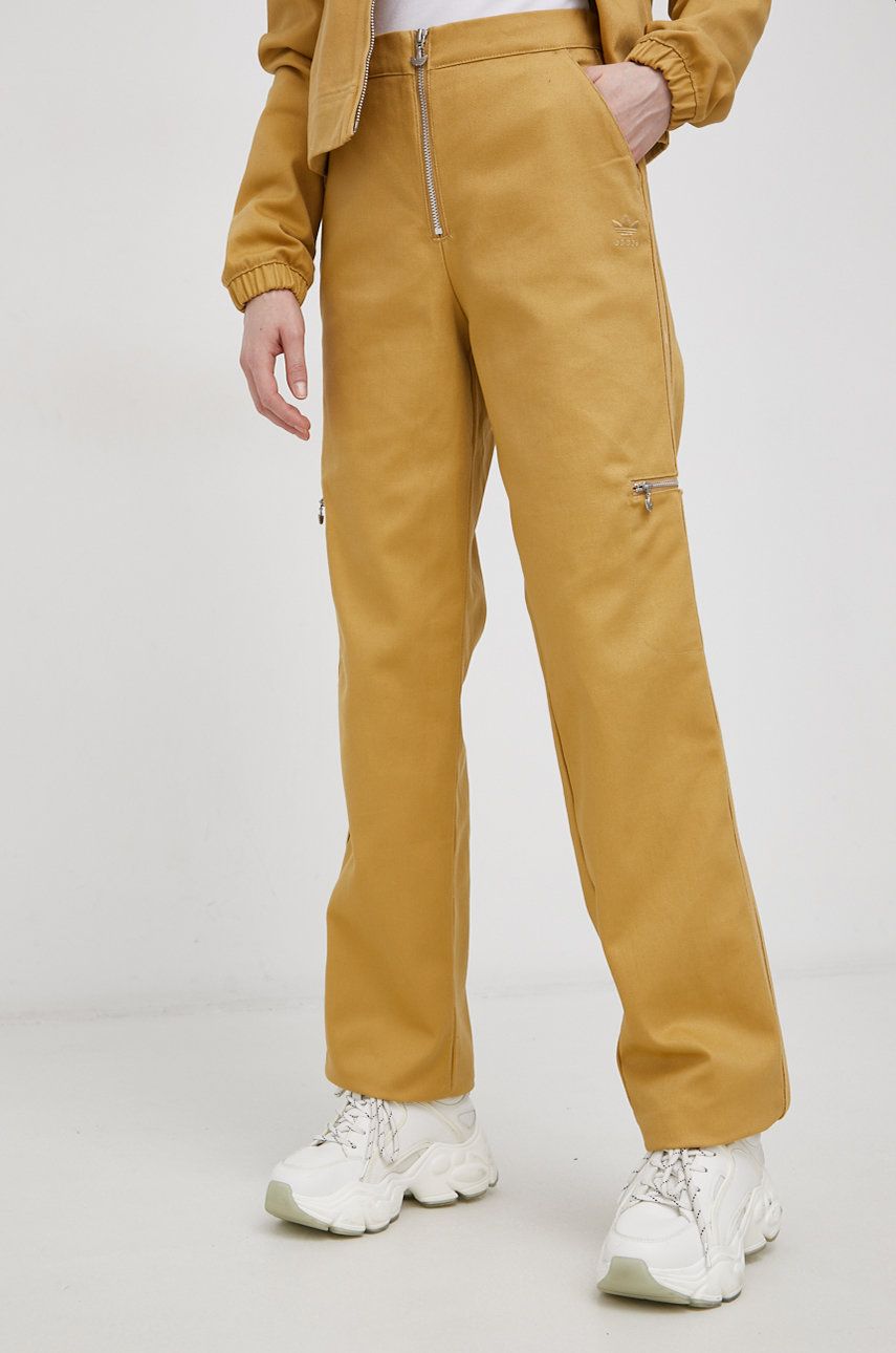adidas Originals Spodnie bawełniane damskie kolor żółty proste high waist