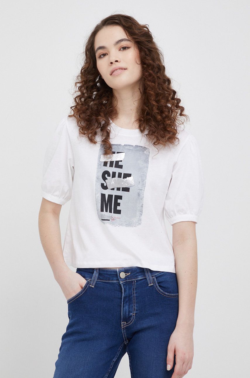 Sisley t-shirt bawełniany damska kolor biały z nadrukiem