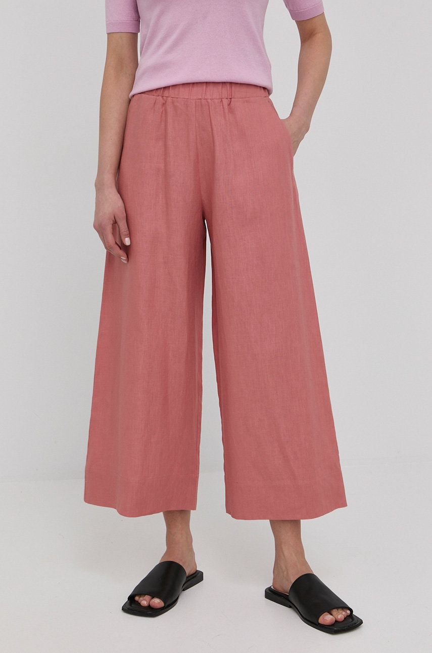 Max Mara Leisure spodnie lniane damskie kolor różowy szerokie high waist