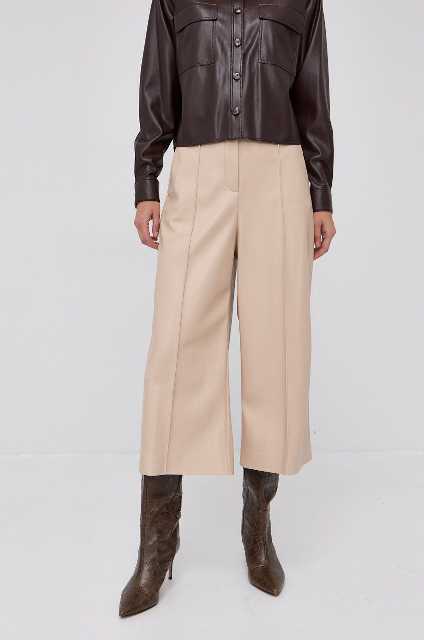 Boss Spodnie damskie kolor beżowy fason culottes high waist