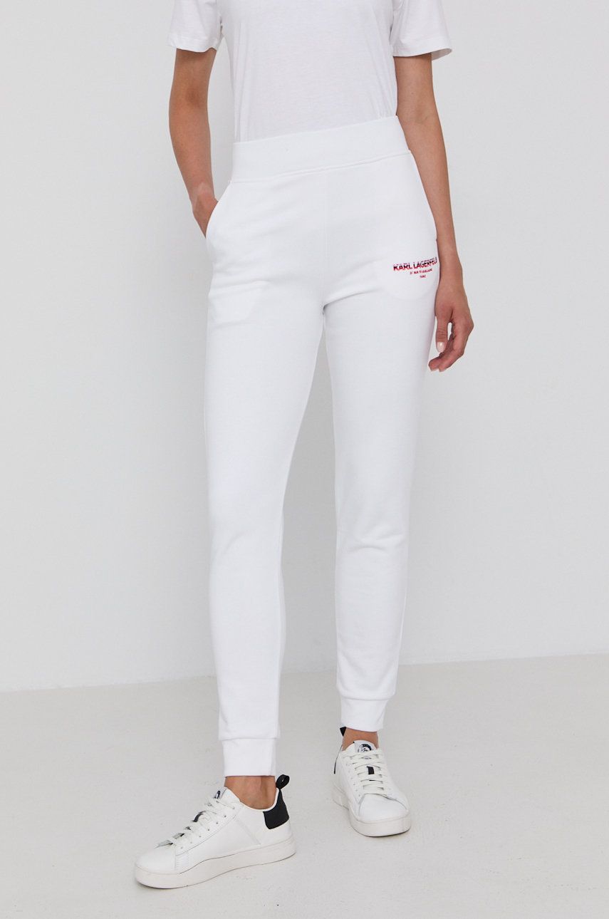 Karl Lagerfeld Spodnie damskie kolor biały z aplikacją