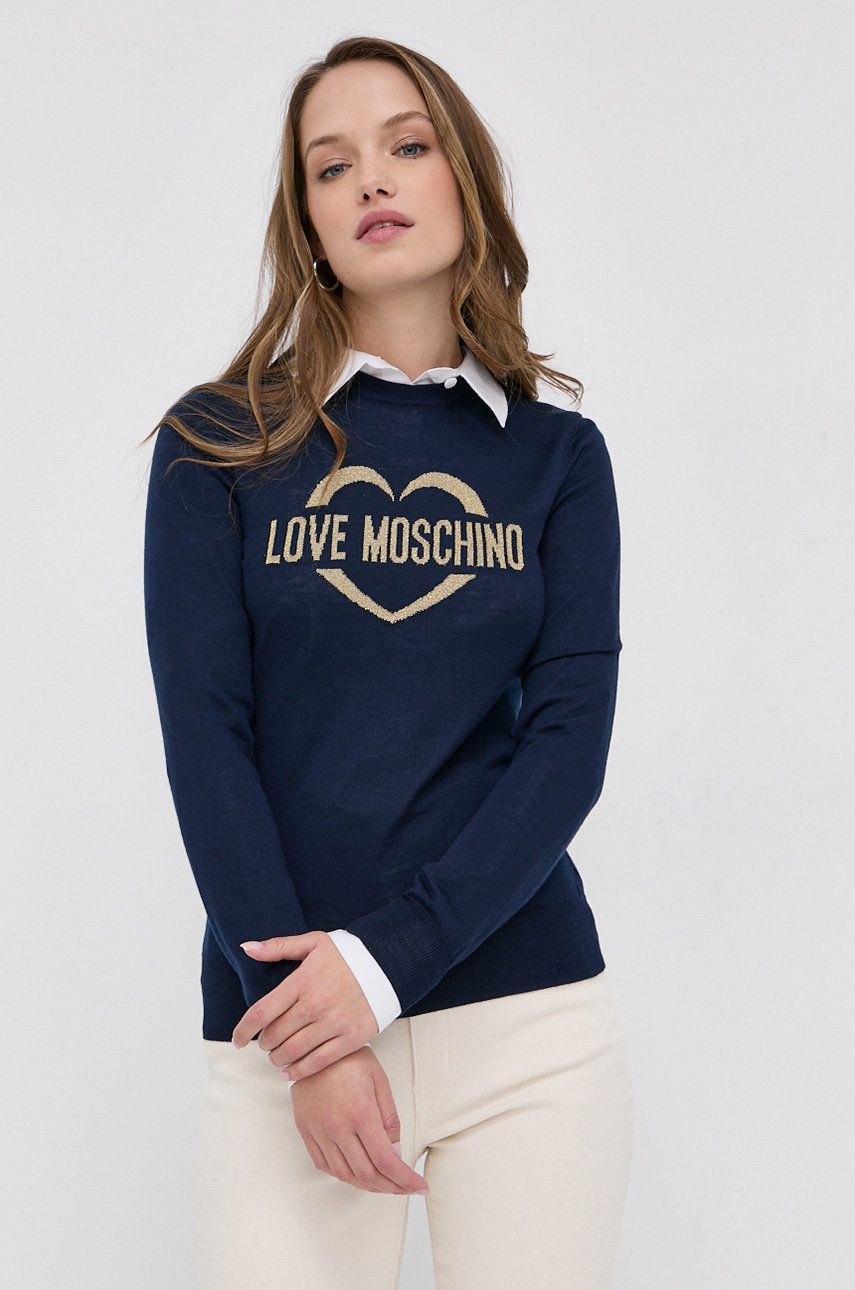 Love Moschino Sweter wełniany damski kolor granatowy