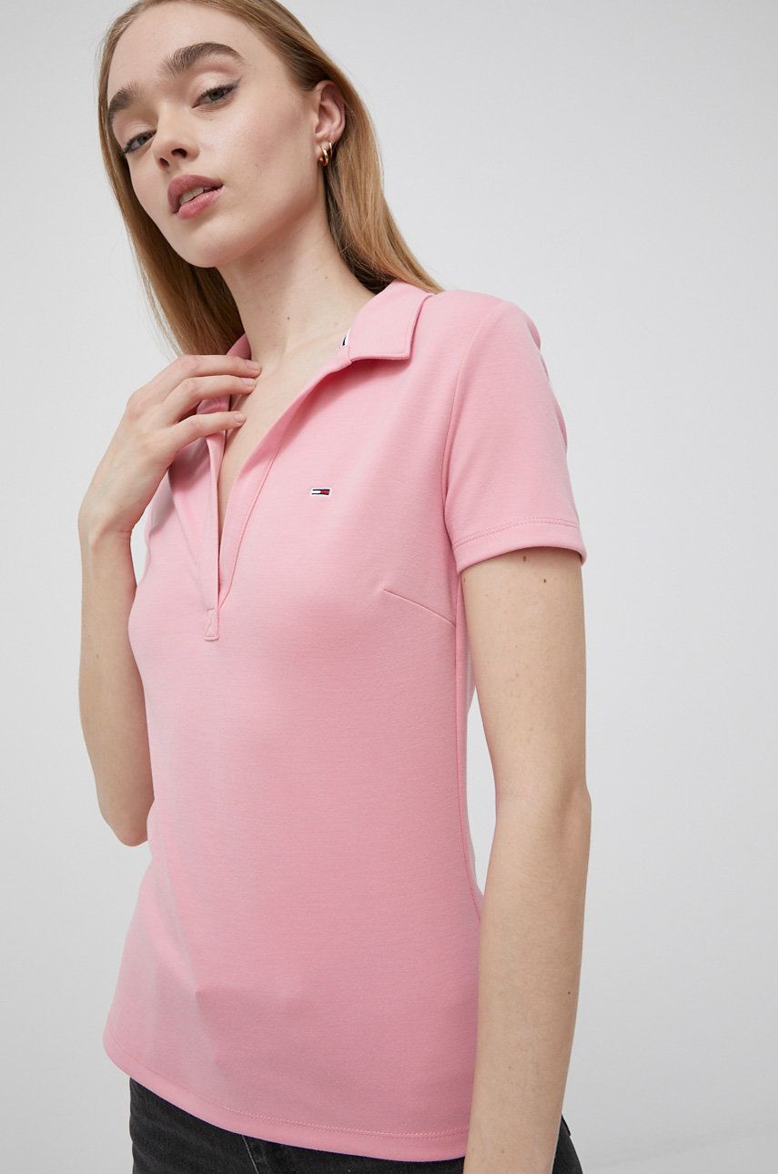 Tommy Jeans t-shirt damski kolor różowy z kołnierzykiem