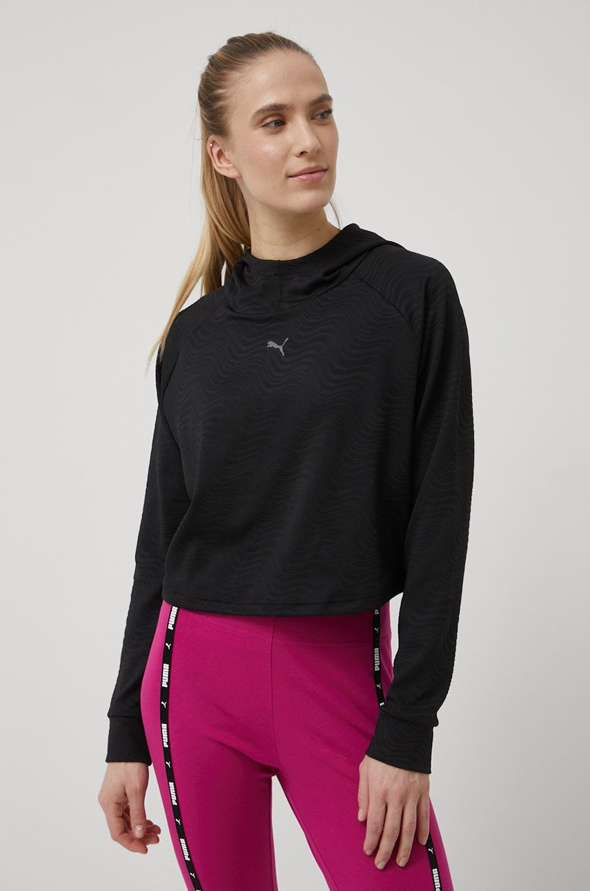Puma bluza treningowa Flawless damska kolor czarny z kapturem wzorzysta