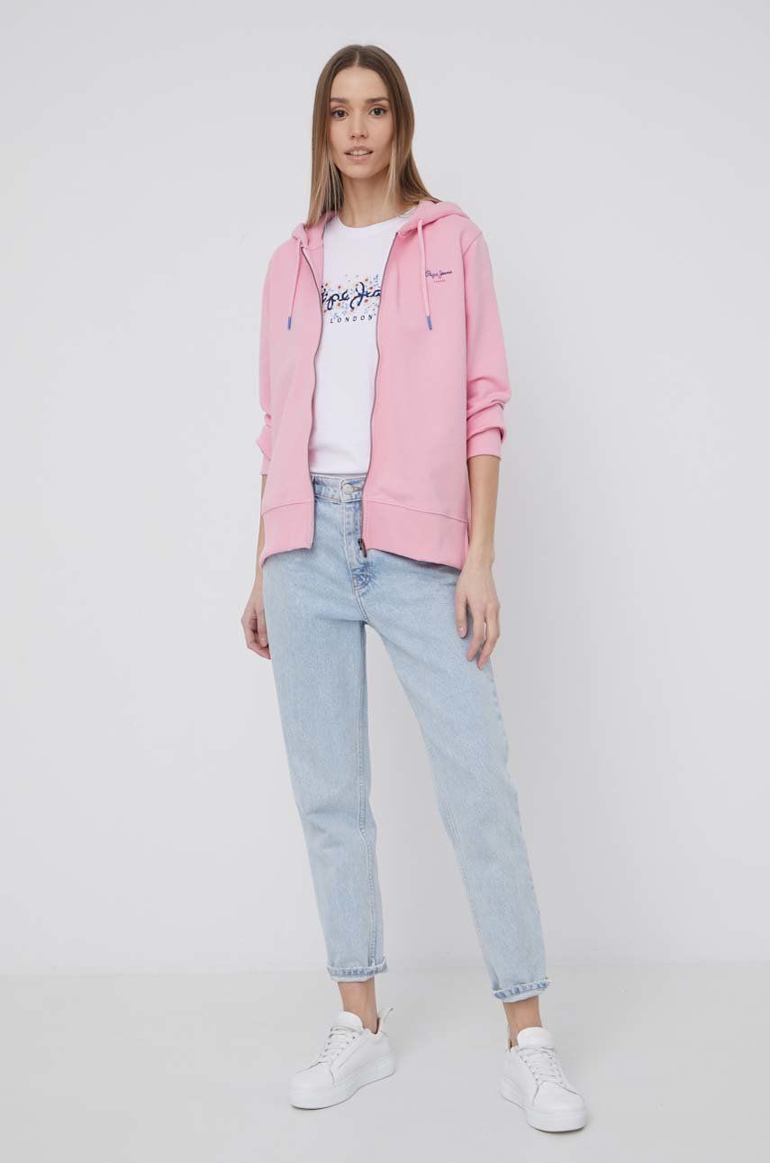 Pepe Jeans bluza bawełniana CALISTA ZIPPER damska kolor fioletowy z kapturem z nadrukiem