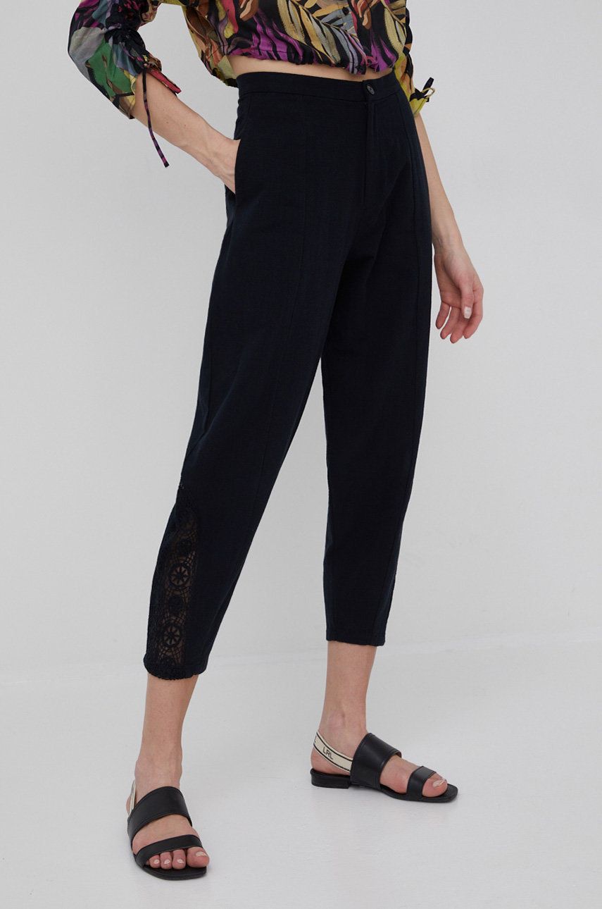 Desigual spodnie bawełniane damskie kolor czarny proste high waist