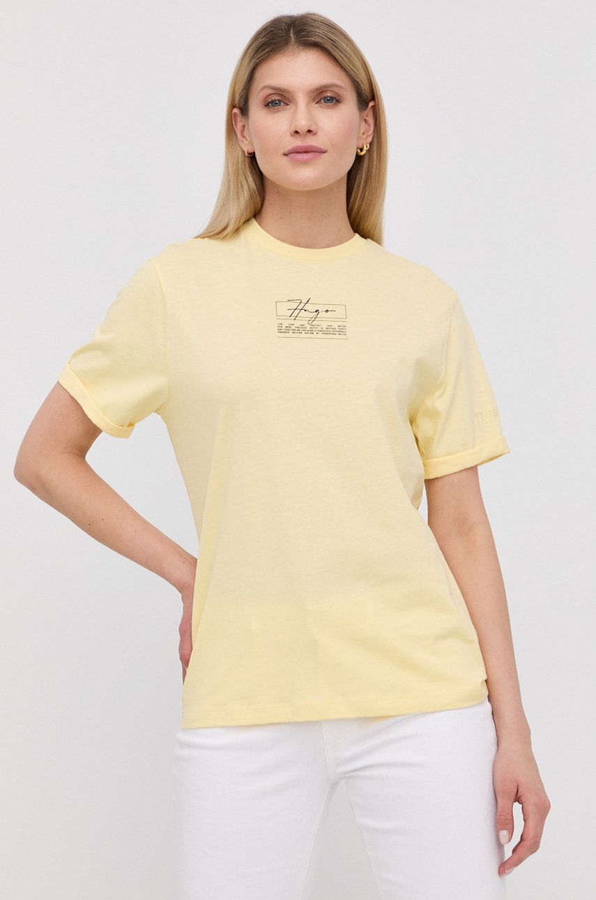 HUGO t-shirt damski kolor żółty