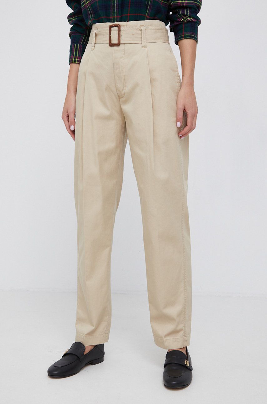 Polo Ralph Lauren Spodnie damskie kolor beżowy szerokie high waist