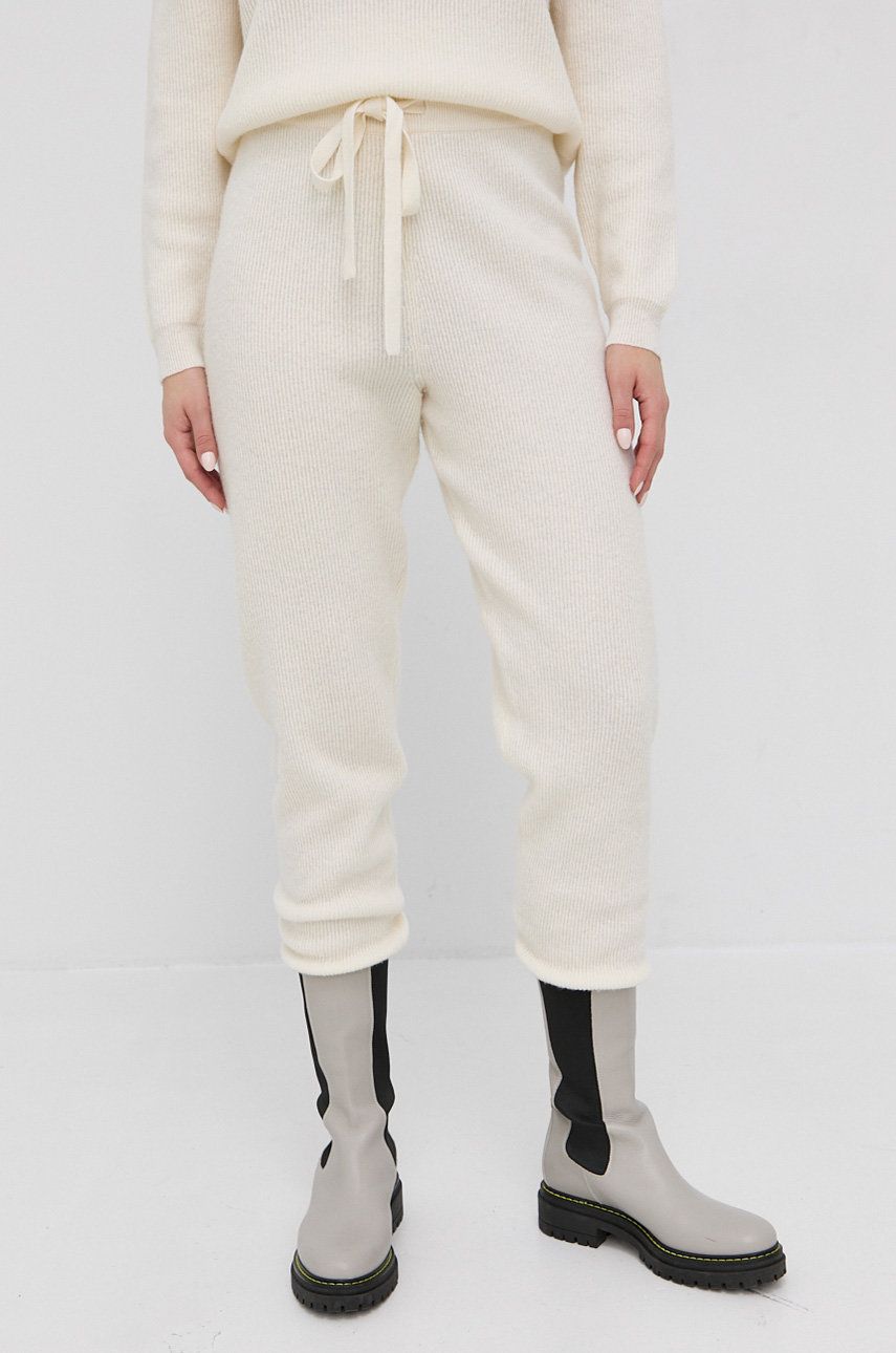 MAX&Co. Spodnie wełniane damskie kolor kremowy proste high waist