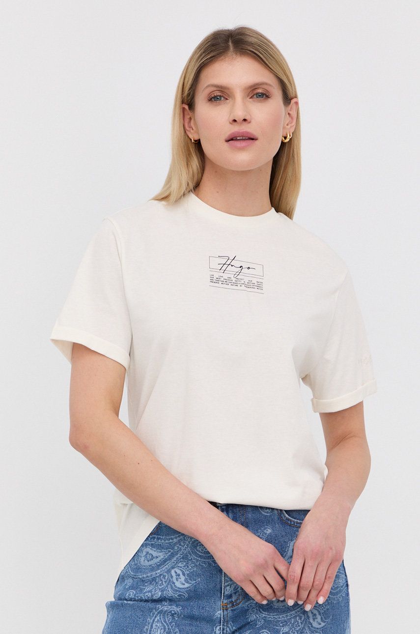 HUGO t-shirt damski kolor beżowy