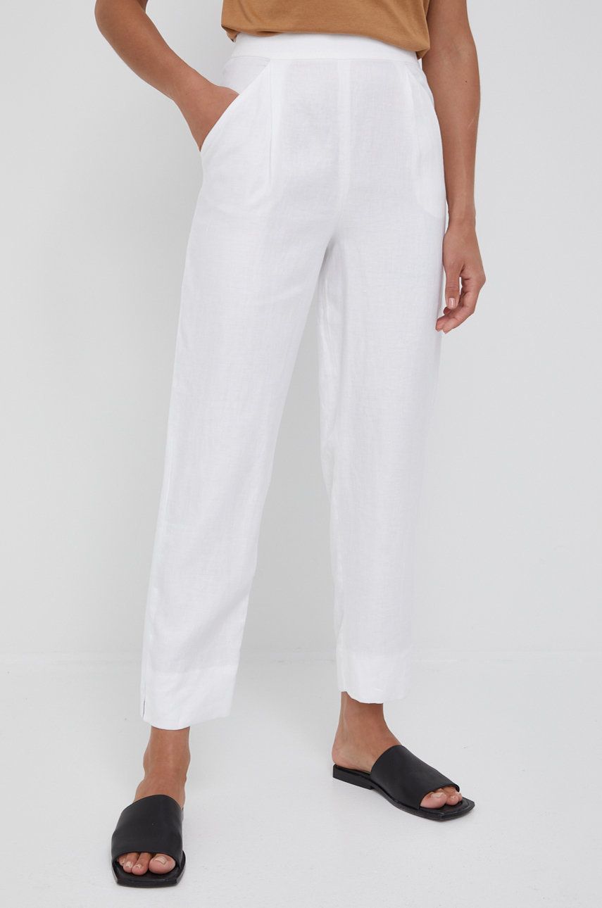 Emporio Armani spodnie lniane damskie kolor biały szerokie high waist
