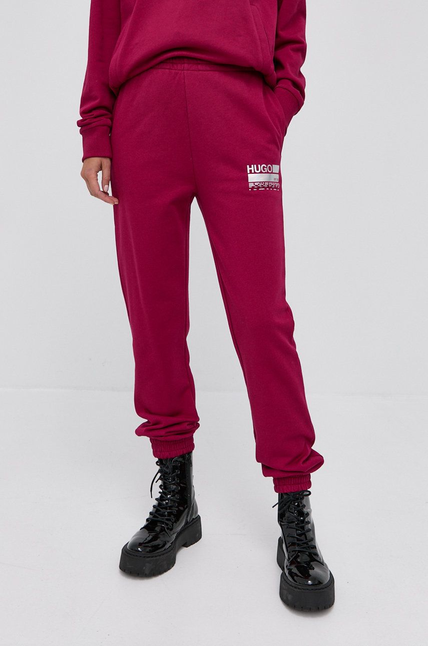 Hugo Spodnie bawełniane damskie kolor różowy z nadrukiem
