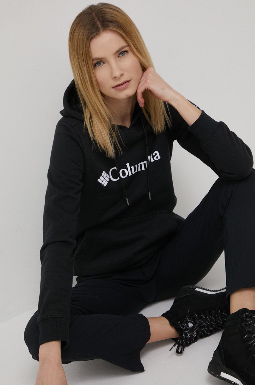 Columbia bluza damska kolor czarny z kapturem z nadrukiem