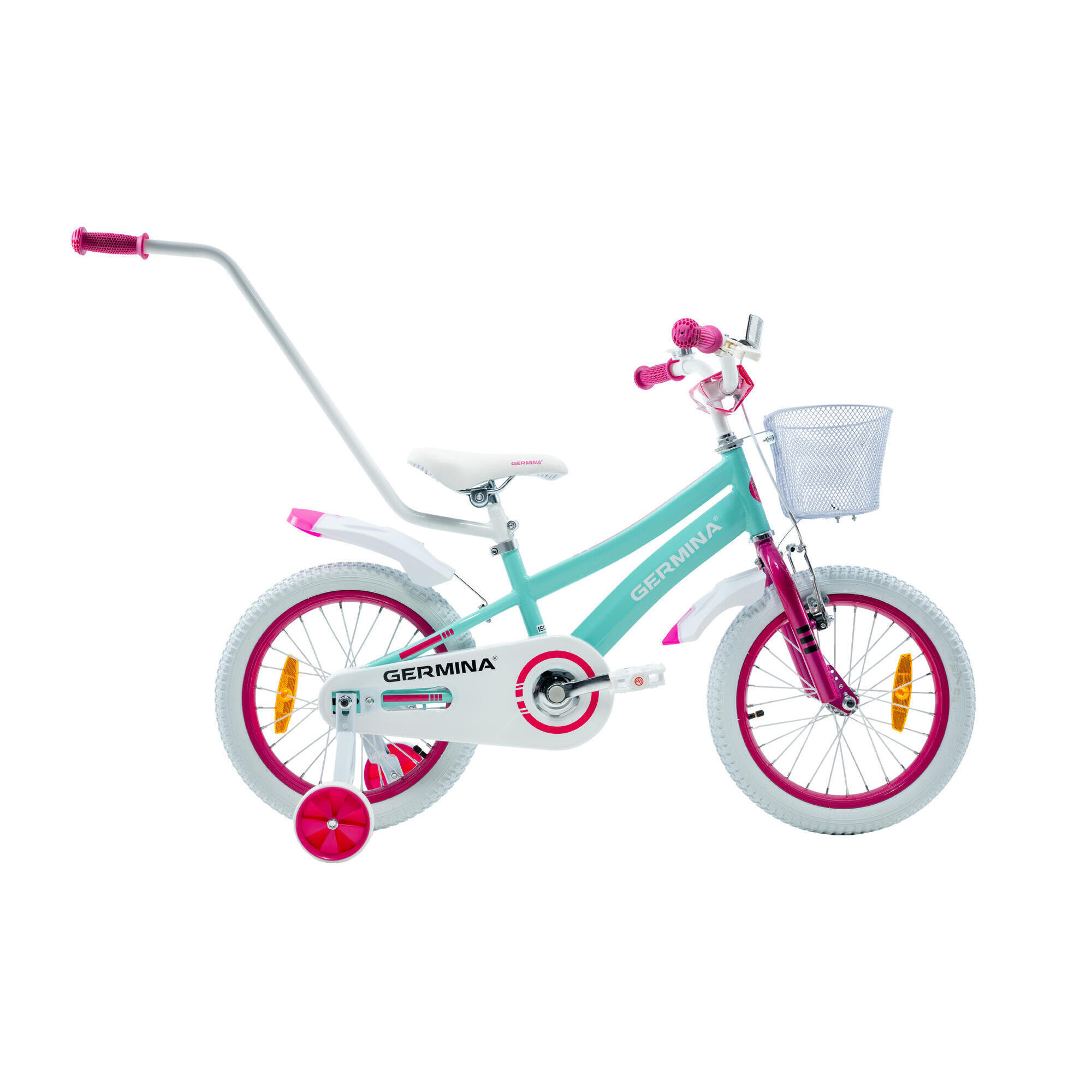 Rower dziecięcy GERMINA 16 dla dziewczynki  koszyk  prowadnik  kółka boczne 