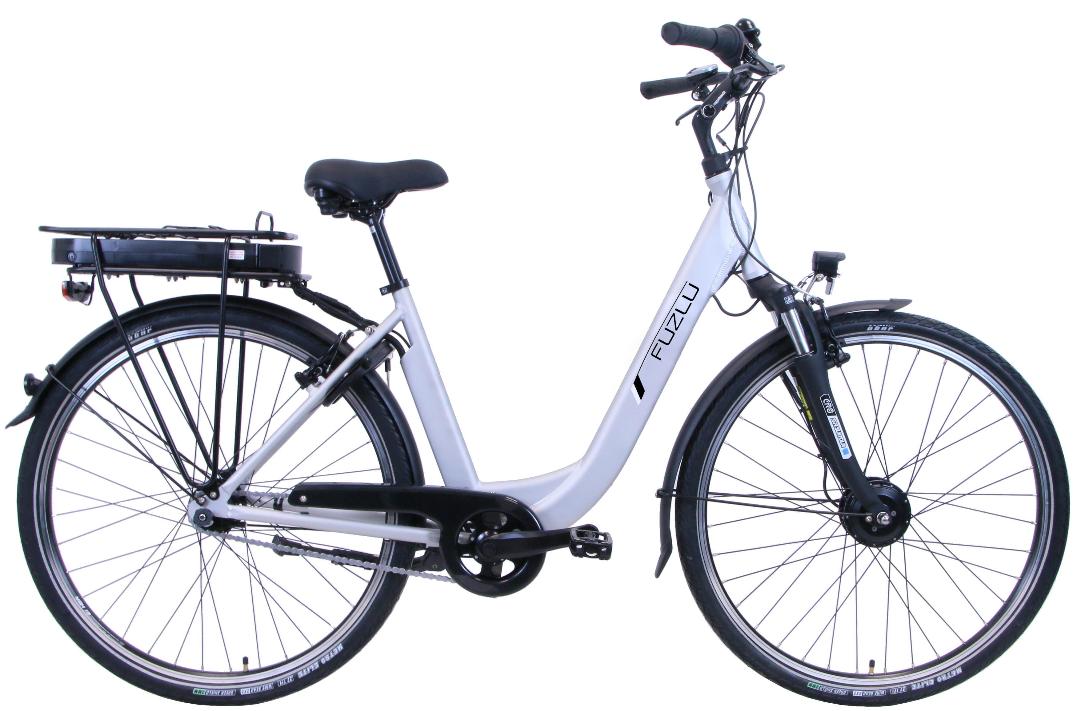 Rower Elektryczny 28 Fuzlu 46 cm srebrny z baterią 10,4 Ah