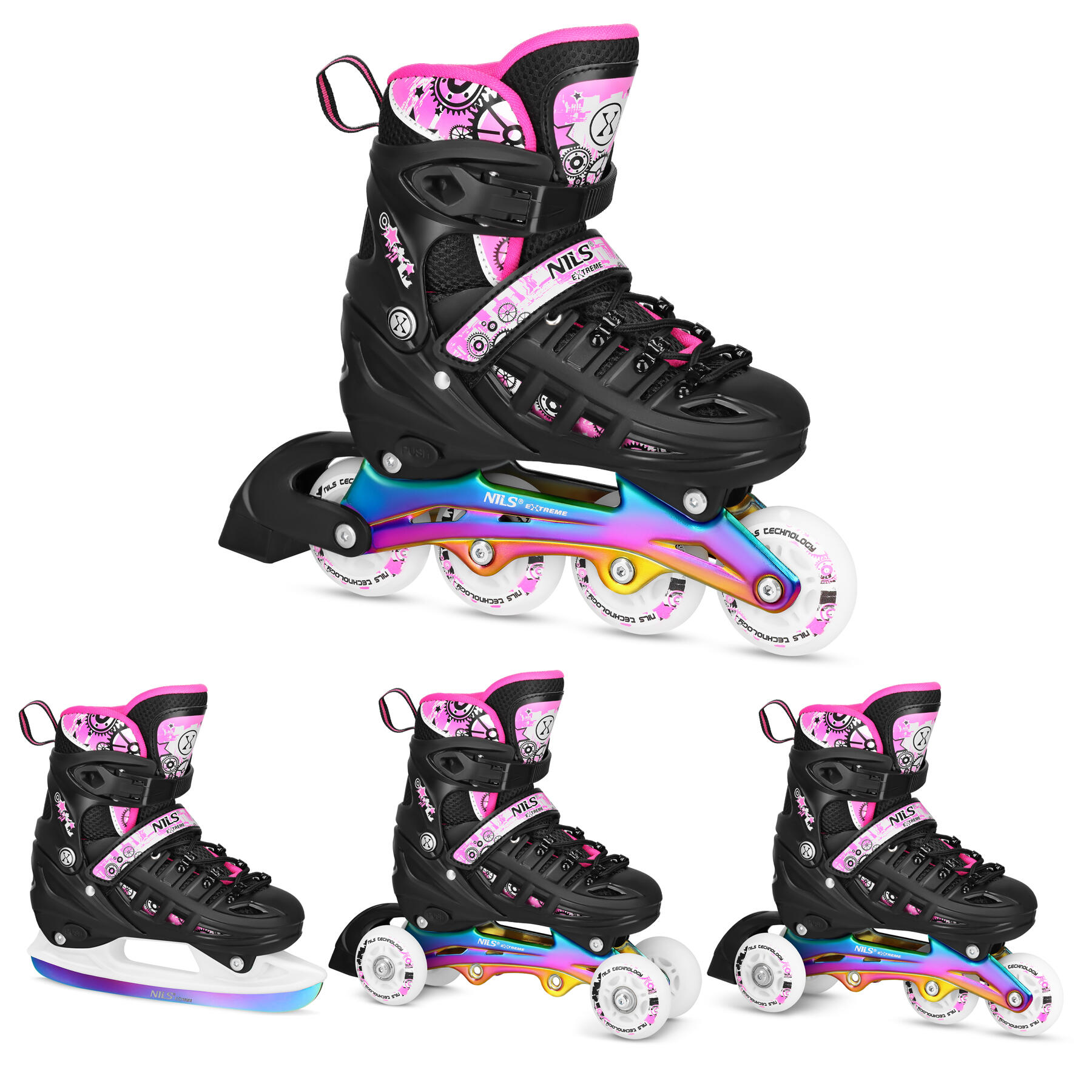 Łyżworolki Led 4w1 Rainbow z wymienną płozą hokejową NH10905 Nils Extreme
