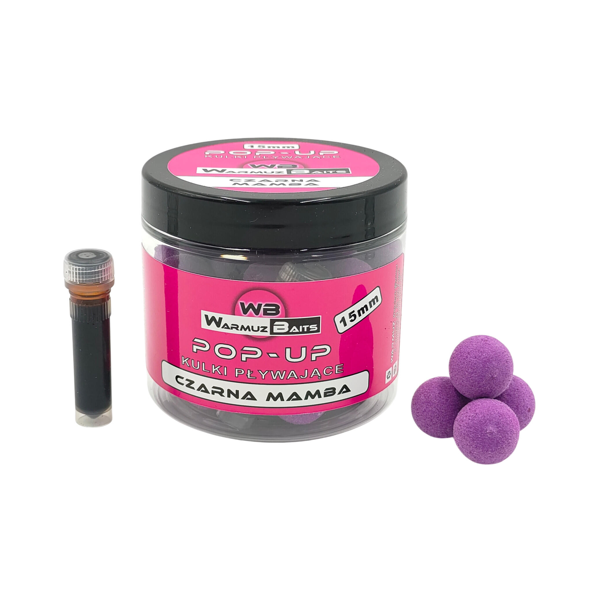 Kulki Pływające Pop Up 15mm + dopalacz Warmuz Baits 200ml CZARNA MAMBA