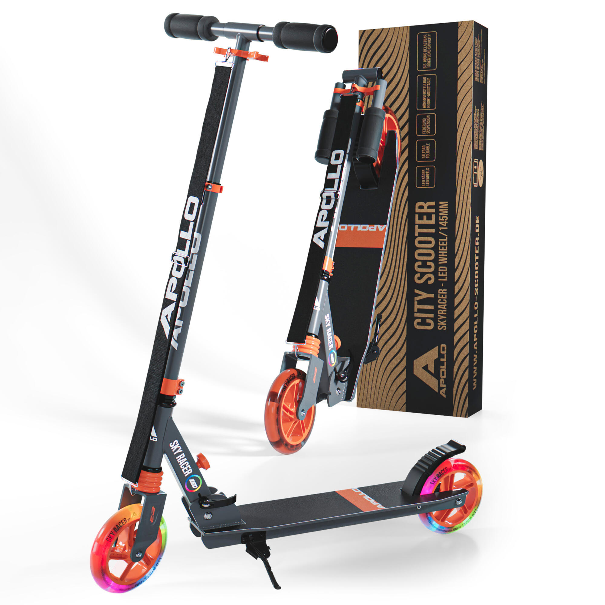 Apollo SkyRacer Hulajnoga 145 mm składana z amortyzacją i kołami LED