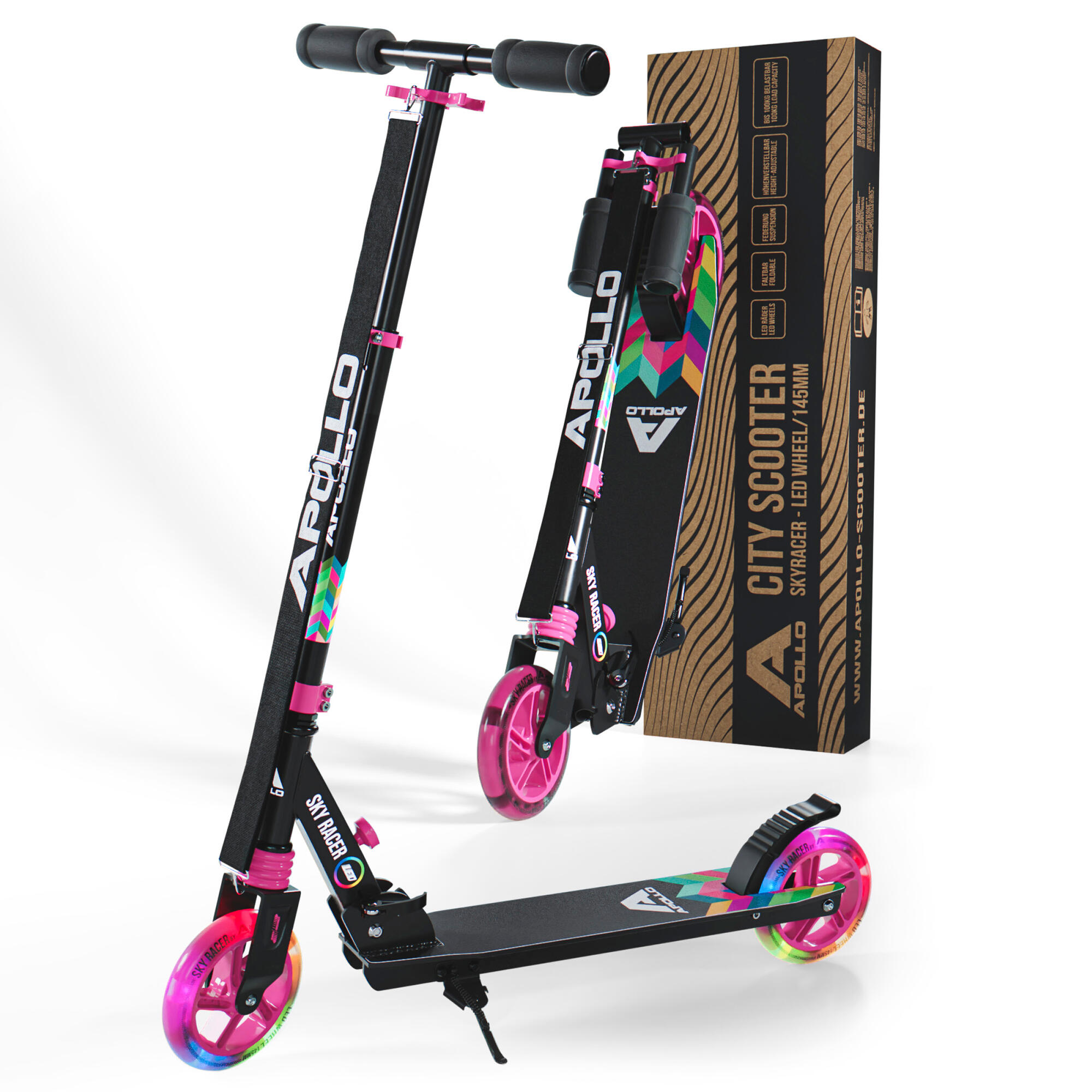 Apollo SkyRacer Hulajnoga 145 mm składana z amortyzacją i kołami LED