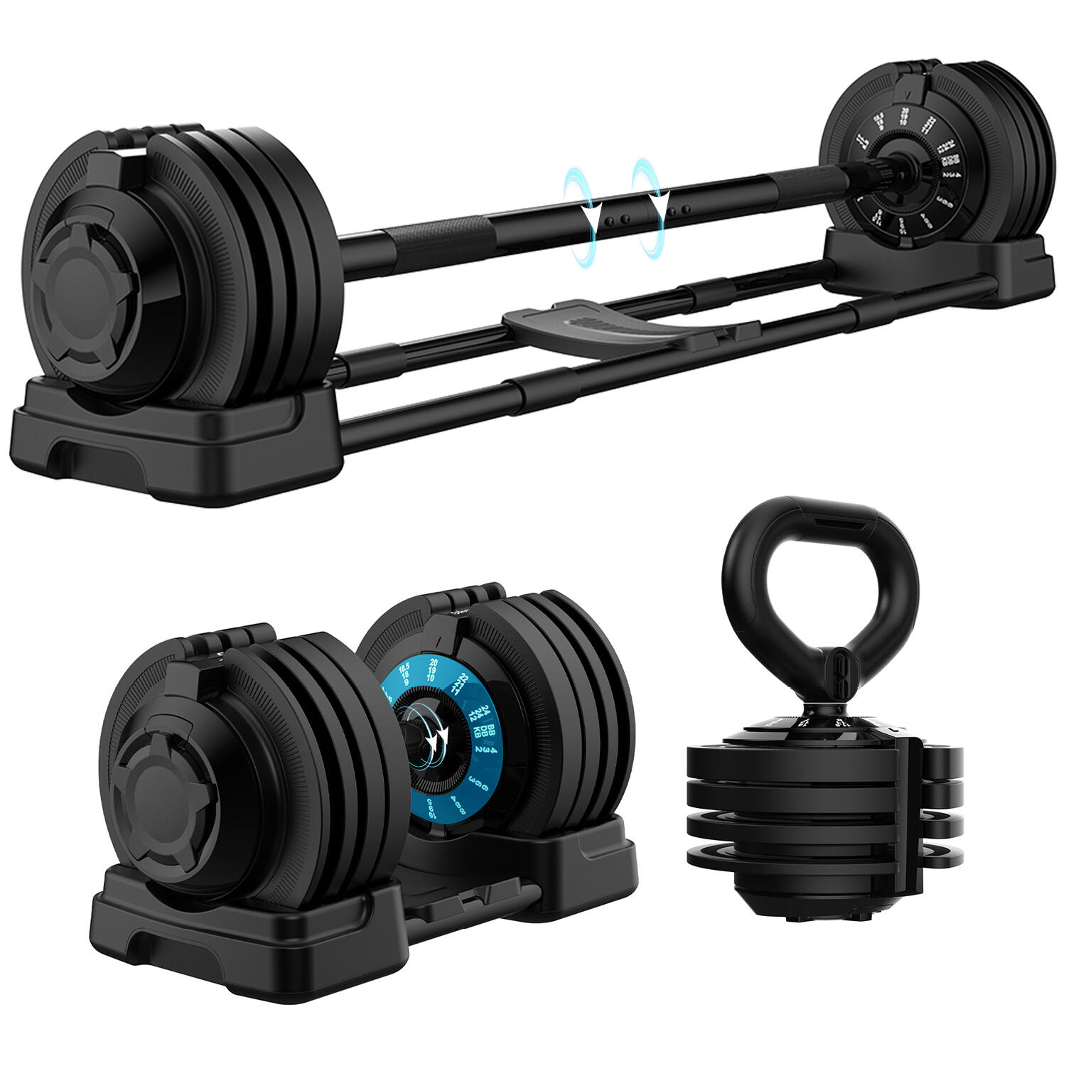 Zestaw hantli regulowanych Paino 3 w 1, 24 kg, hantel, sztanga, kettlebell