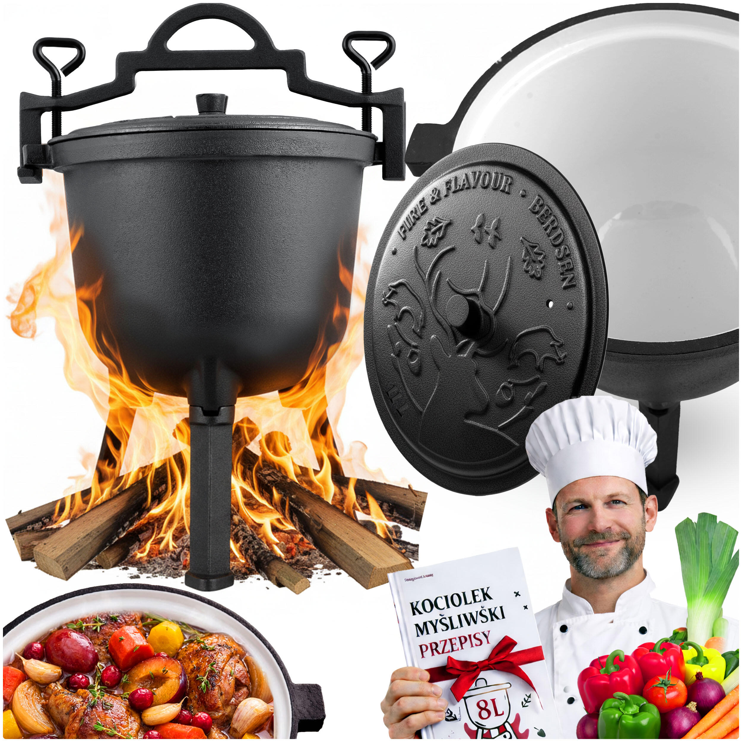 Garnek kociołek żeliwny Berdsen BD-481 emaliowany 11L na ognisko grill trwały