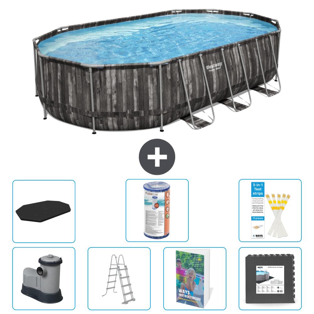 BESTWAY Basen Power Steel Owalny - 610x366x122 cm - 8-częściowy S563