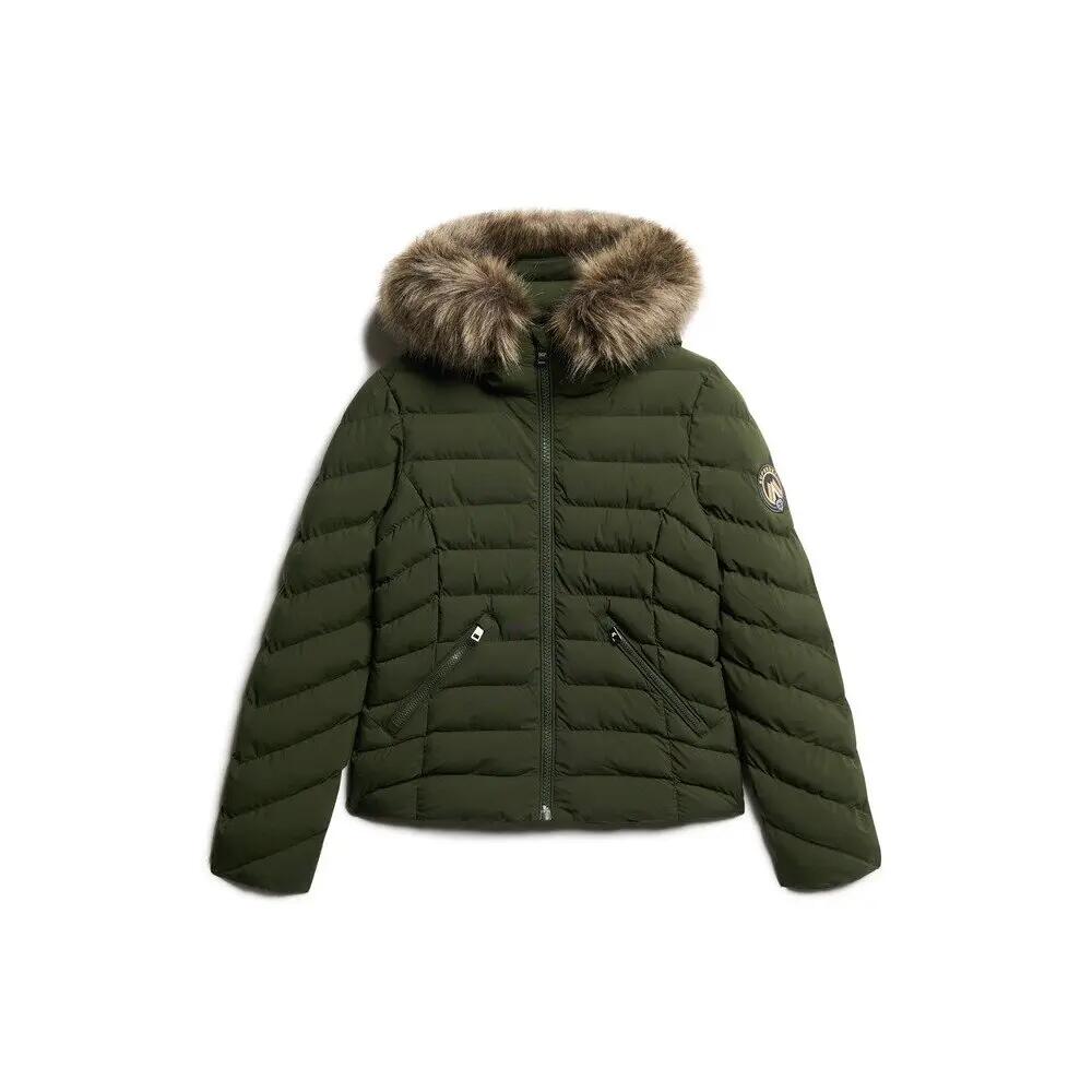 Kurtka puchowa damska z kapturem i sztucznym futrem Superdry Fuji