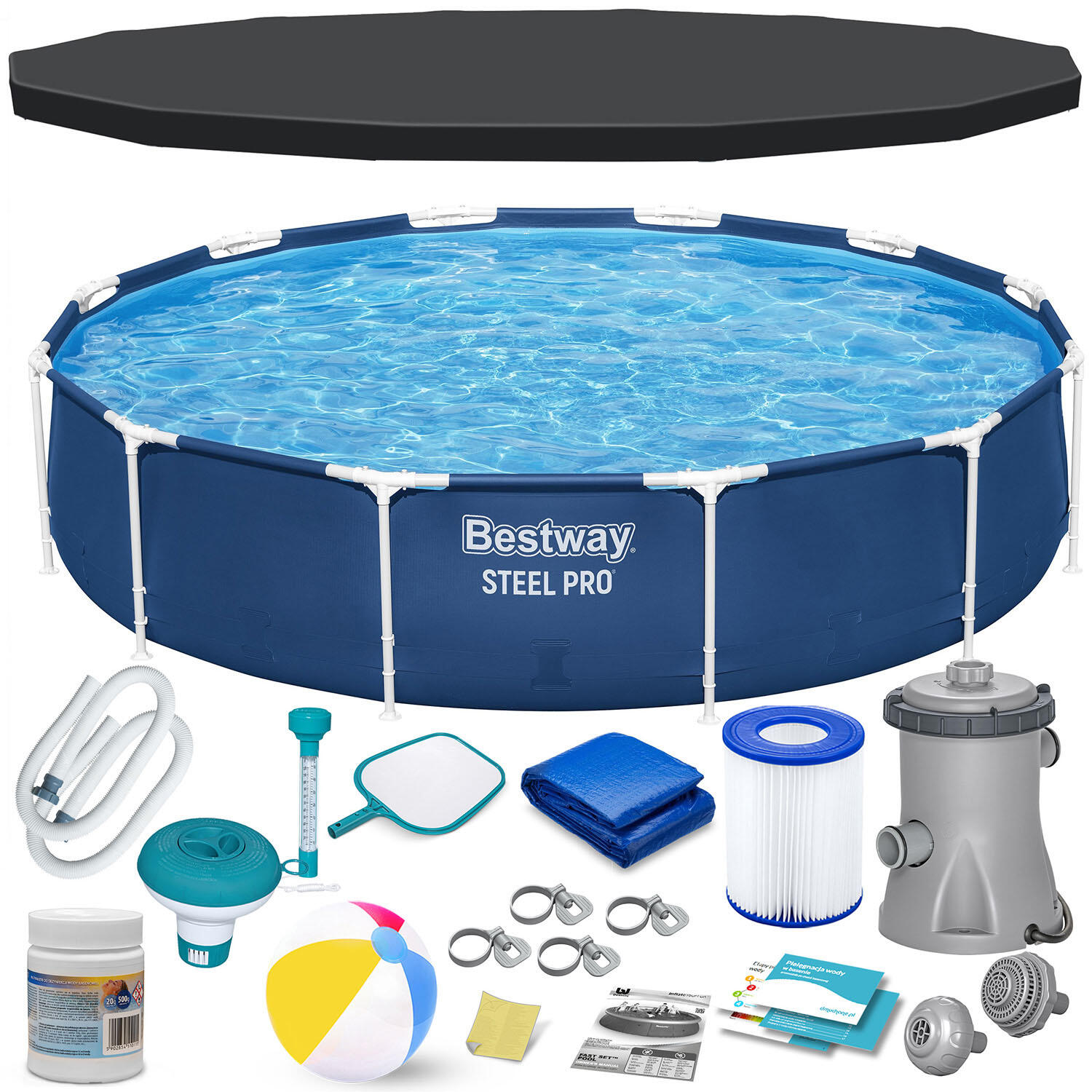 Basen stelażowy ogrodowy Bestway okrągły pompa 366x76 cm zestaw 16w1