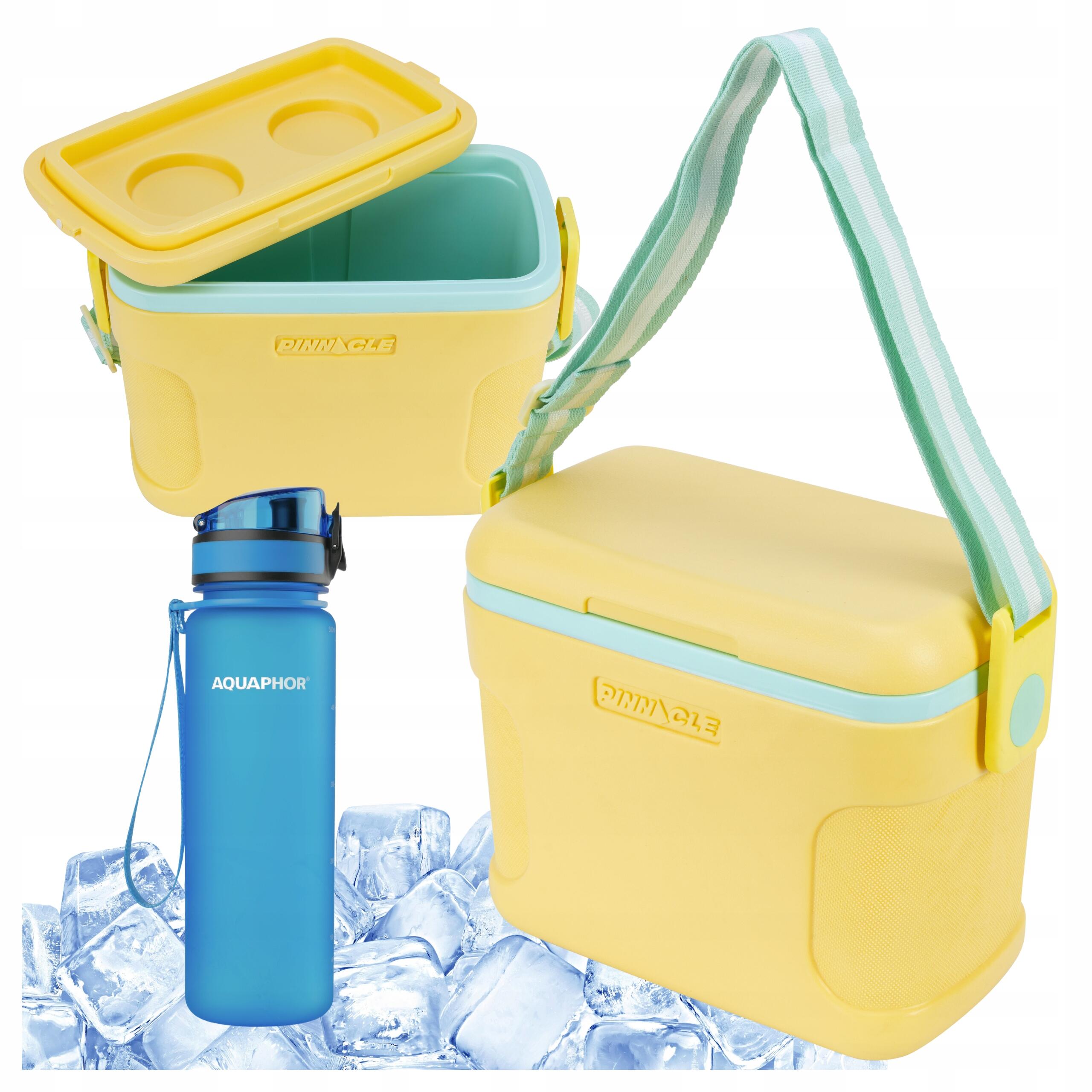 Lodówka turystyczna prznośna żółta PINNACLE z paskiem 8L + butelka Aquaphor