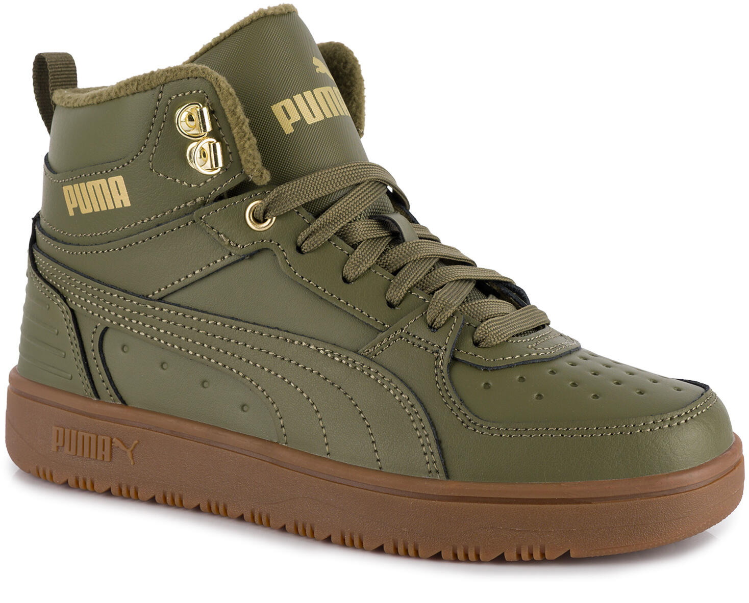 Buty wysokie ocieplane zimowe skórzane oliwkowe PUMA Rebound Rugged Jr