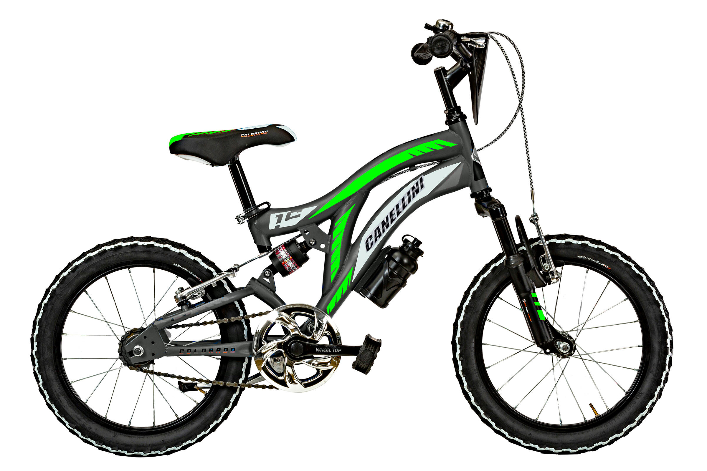 Rower Dziecięcy MTB Canellini COLORADO 16 z pełnym zawieszeniem - Tytan/Zielony