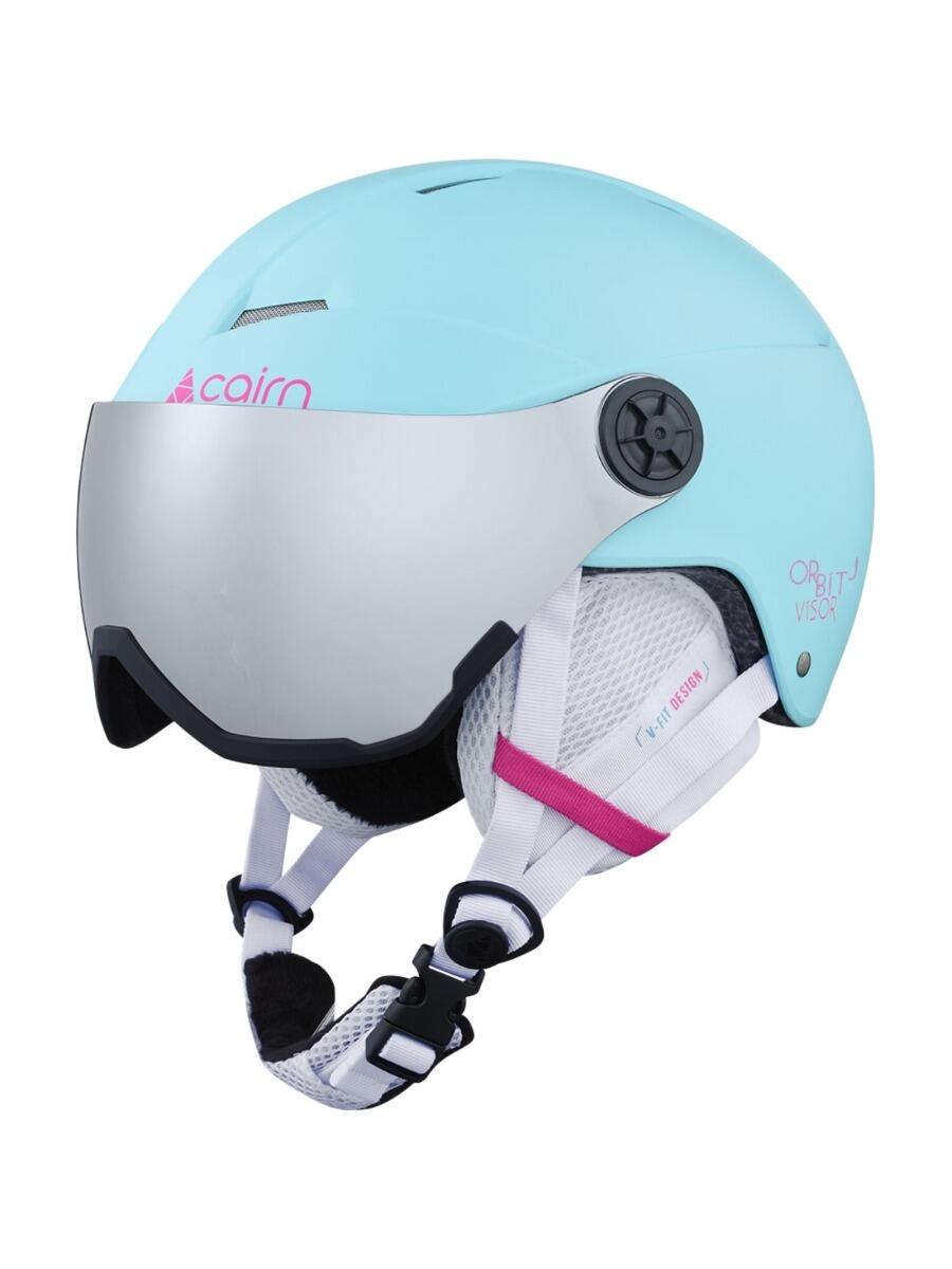 Kask narciarski dla dzieci z daszkiem – Orbit Visor – turkusowy neonoworóżowy