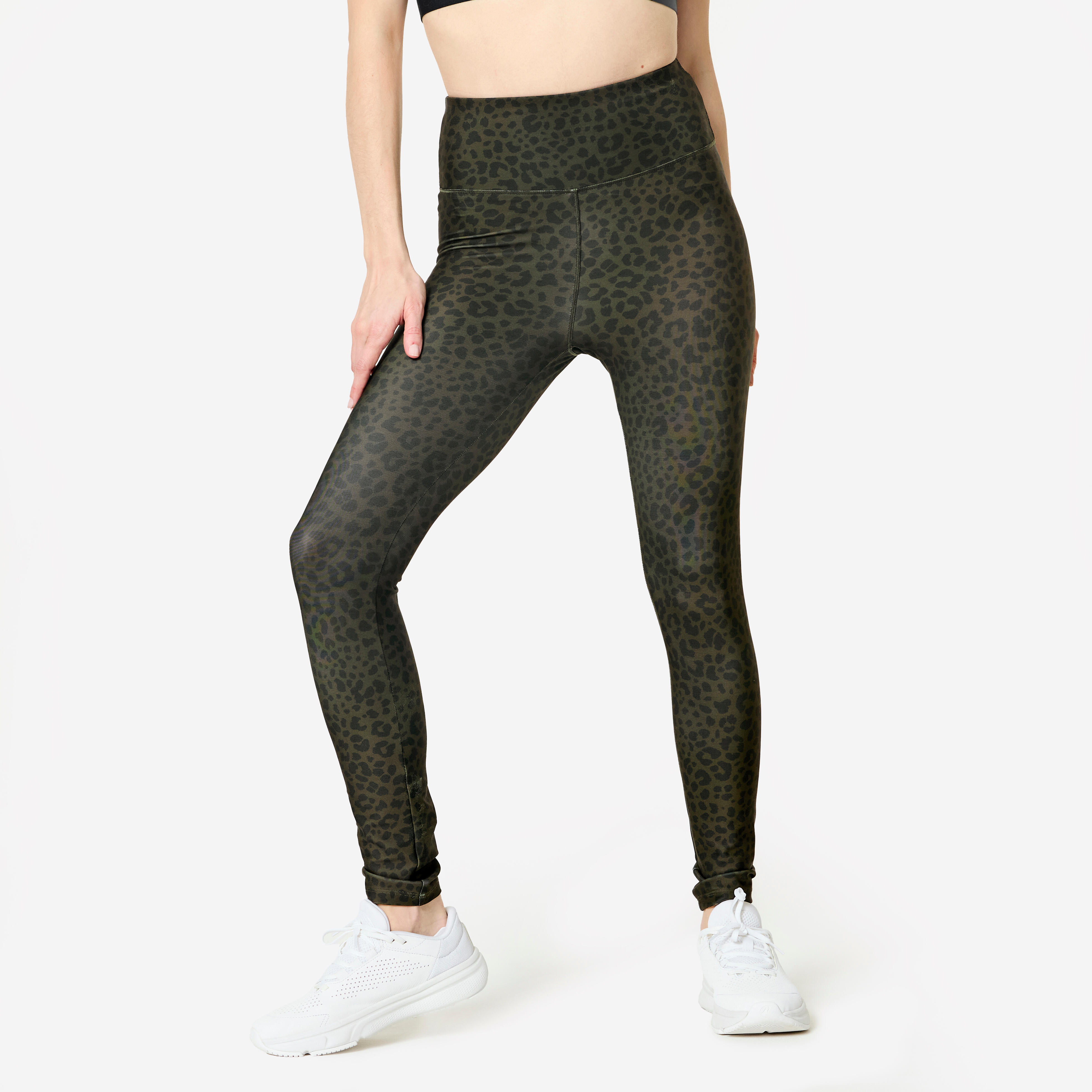 Legginsy fitness damskie Domyos w panterkę khaki