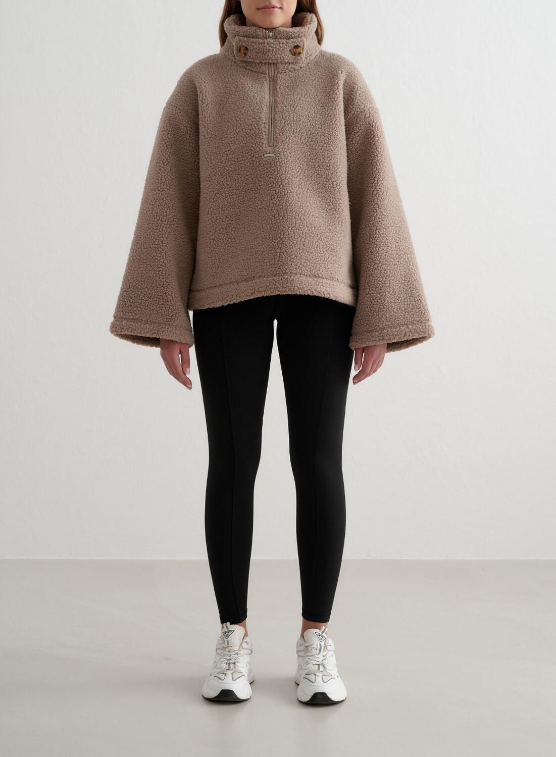 Damski anorak z materiału teddy sherpa, luźny krój, półzamek ciemna glina