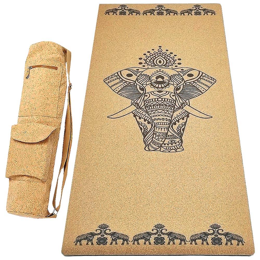 Zestaw mata do jogi z gumy i korka 5 mm + torba z korka - Eléphants