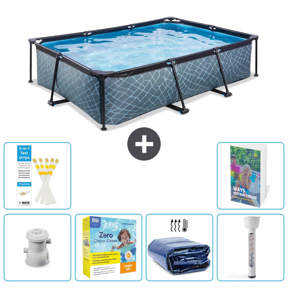 EXIT TOYS Basen Prostokątny - Efekt kamienia - 300x200x65 cm - 7-częściowy S184