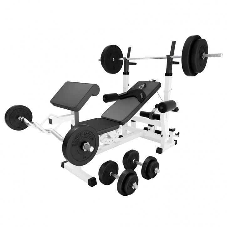 Ławka pod sztangę + sztanga i obciążenia 100 kg bitumiczne 31mm