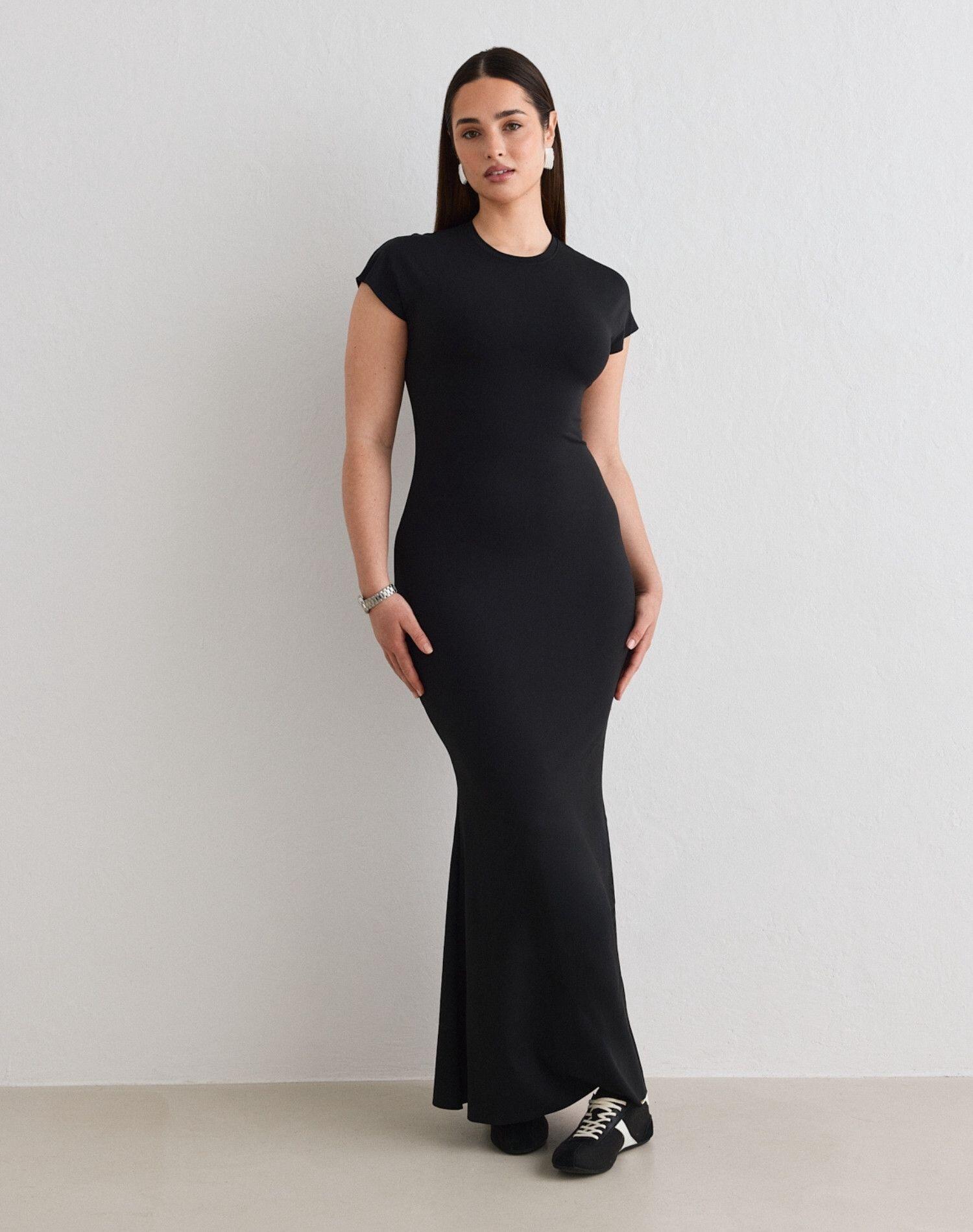 Damska sukienka maxi, fason syrenki, dopasowana Sense Mermaid Cap Sleeve czarna