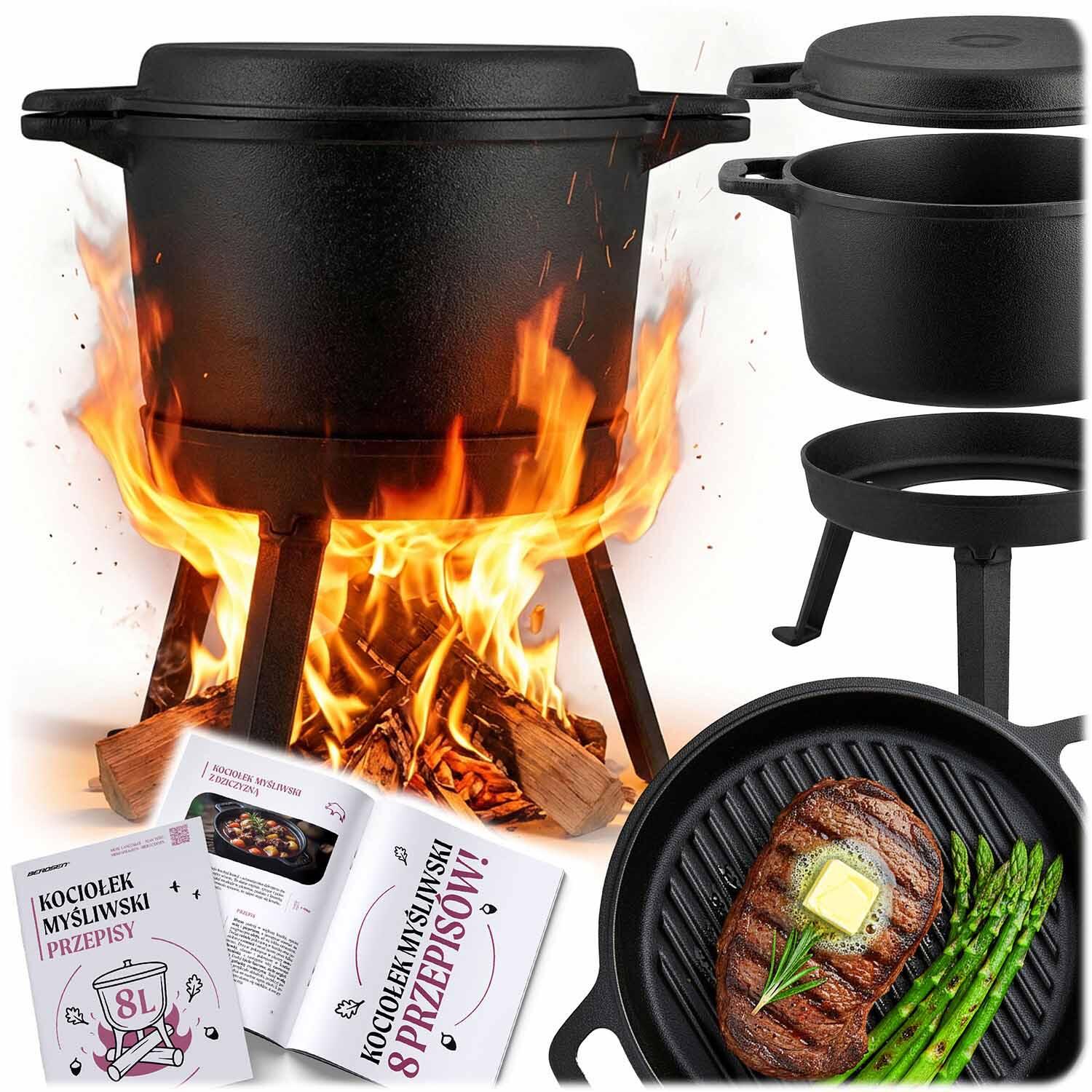 Kociołek żeliwny demontowany 8L Berdsen BD-480 garnek + patelnia grill +przepisy