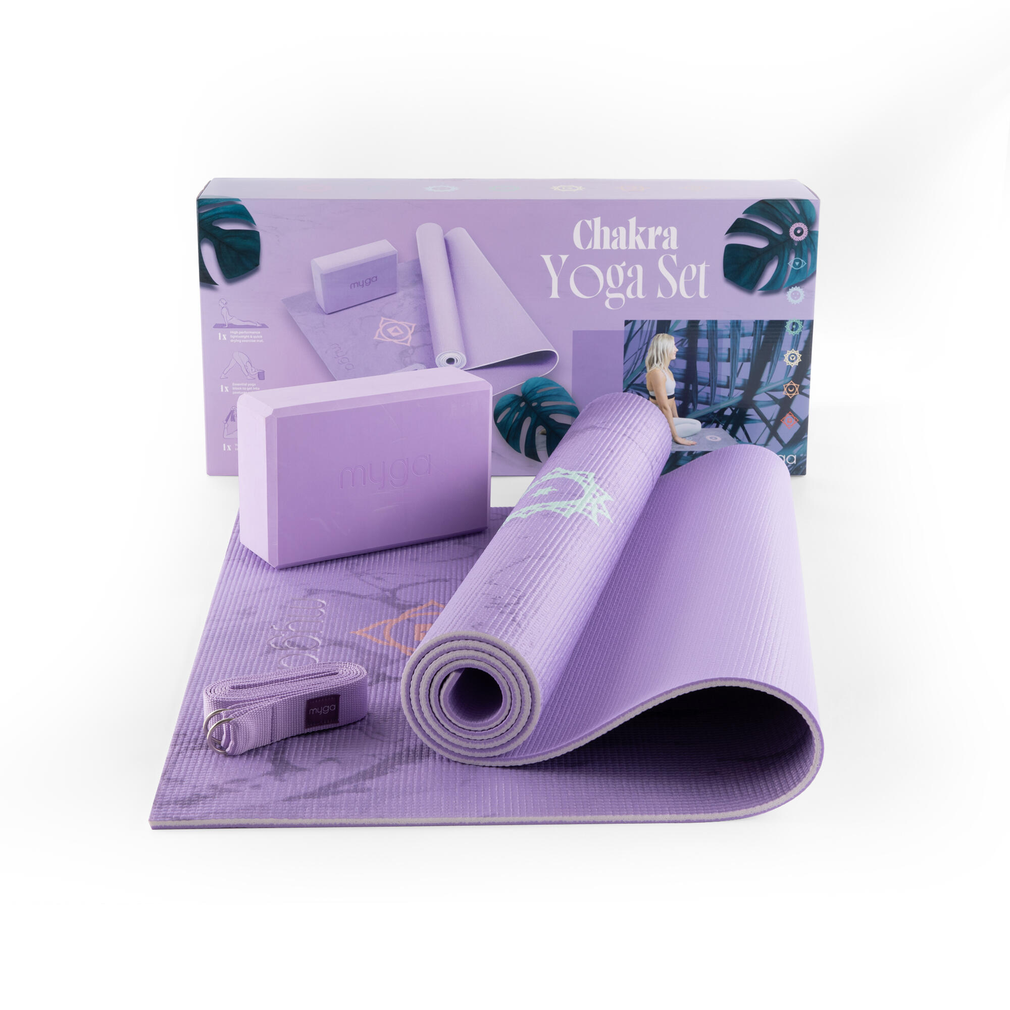 Zestaw do jogi myga Chakra Yoga Set: mata, klocek, pasek