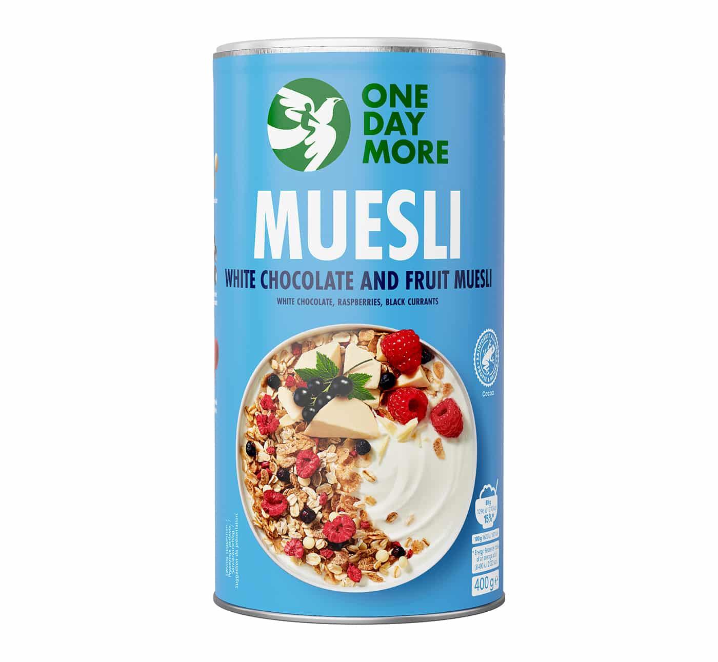 Musli z białą czekoladą, liofilizowanymi malinami i czarnymi porzeczkami