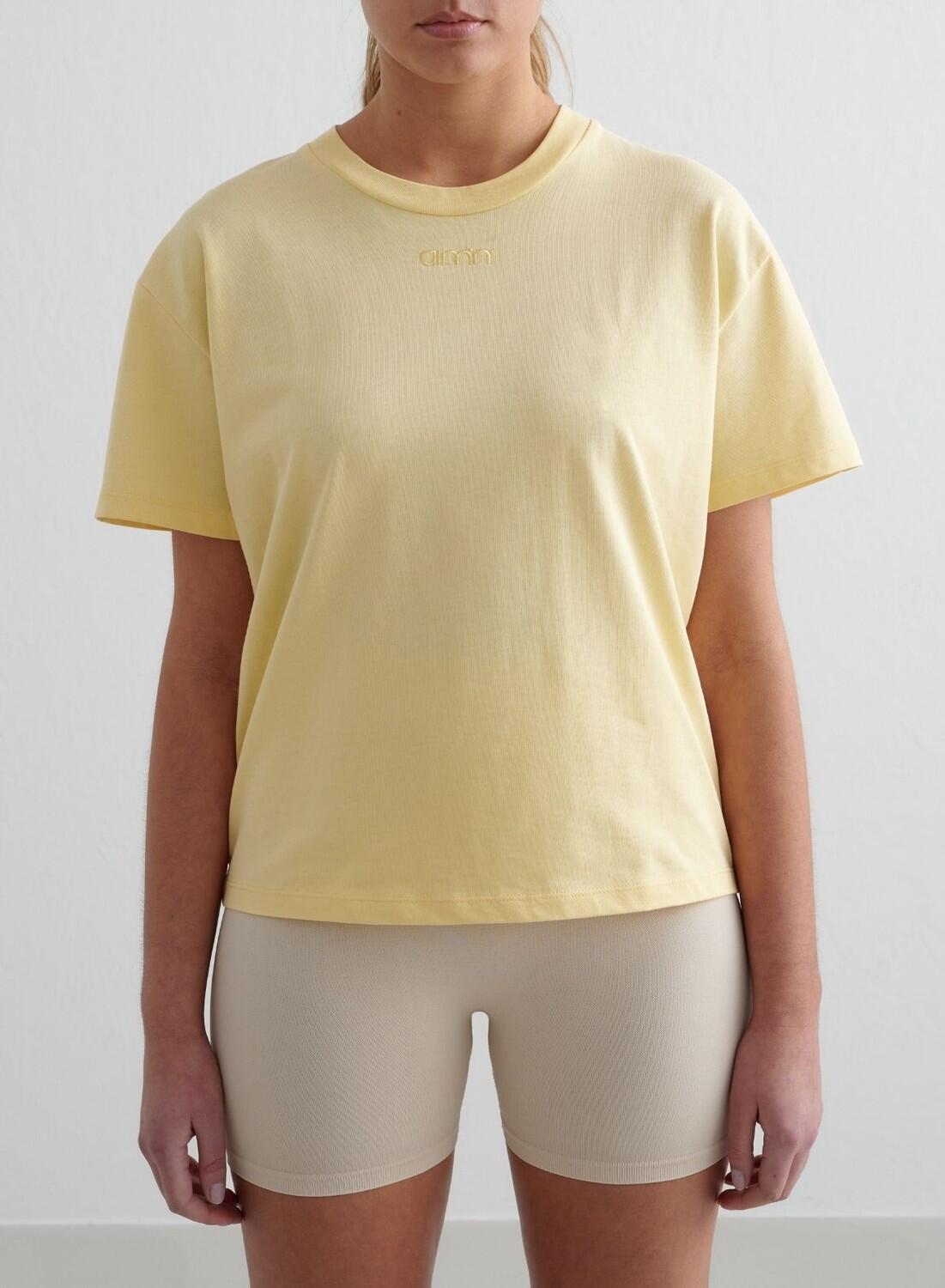 Damski T-shirt pudełkowy, z bawełny organicznej, haftowane logo Boxy żółty