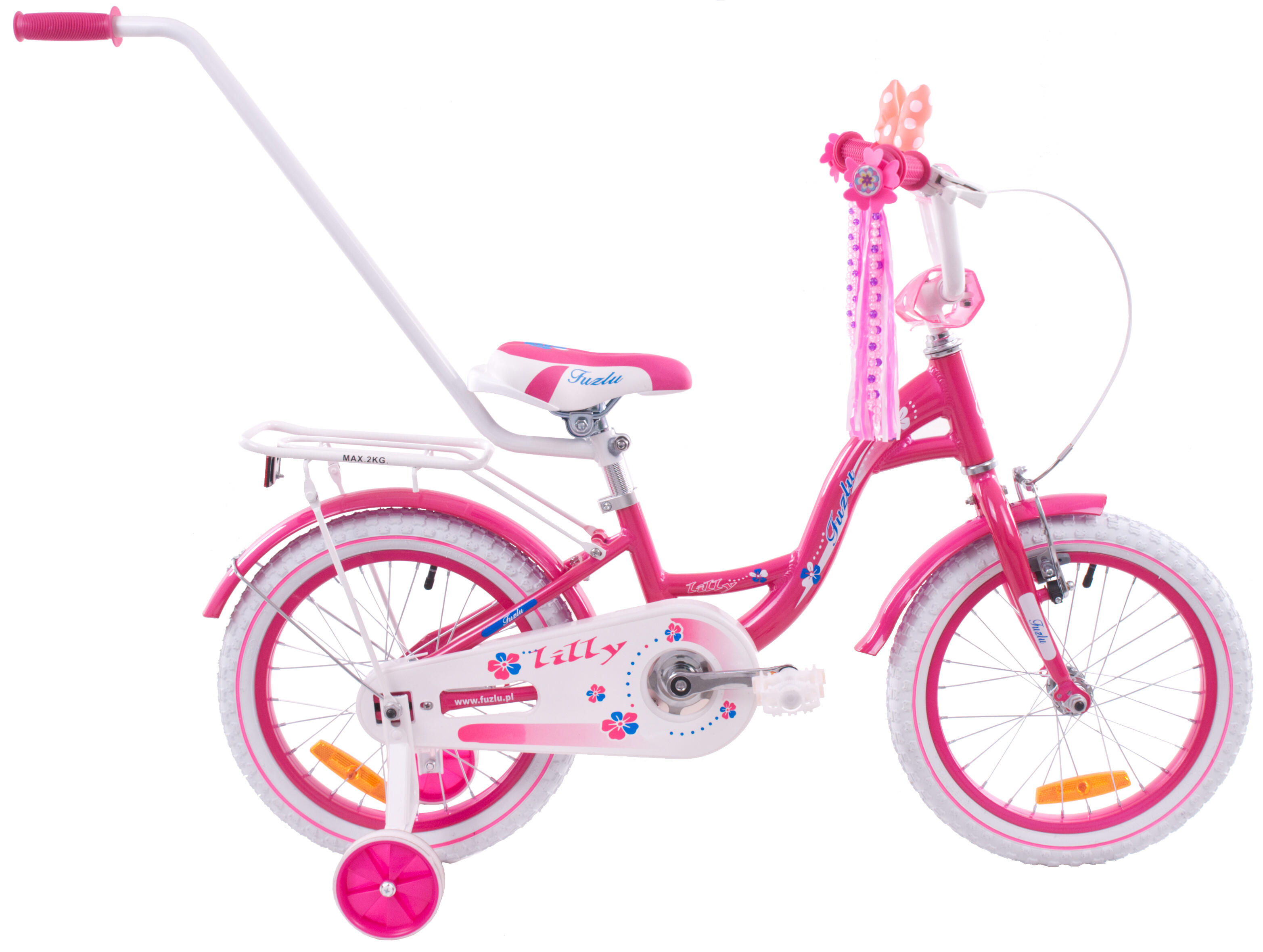 Rower dziecięcy na kołach 16'' rowerek Fuzlu LILLY różowo-biały aluminiowy