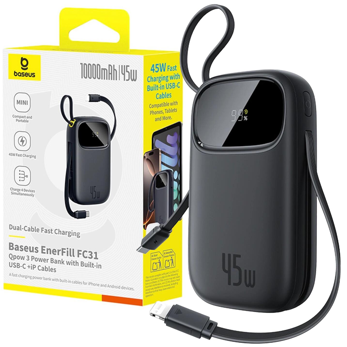 Powerbank Baseus 10000mAh 45W USB-A wbudowane kable USB-C Lightning