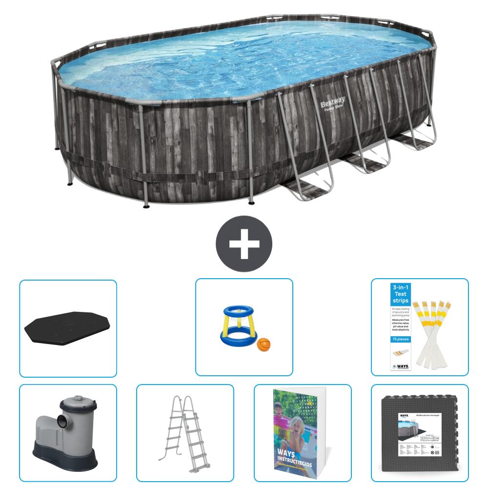 BESTWAY Basen Power Steel Owalny - 610x366x122 cm - 8-częściowy S525