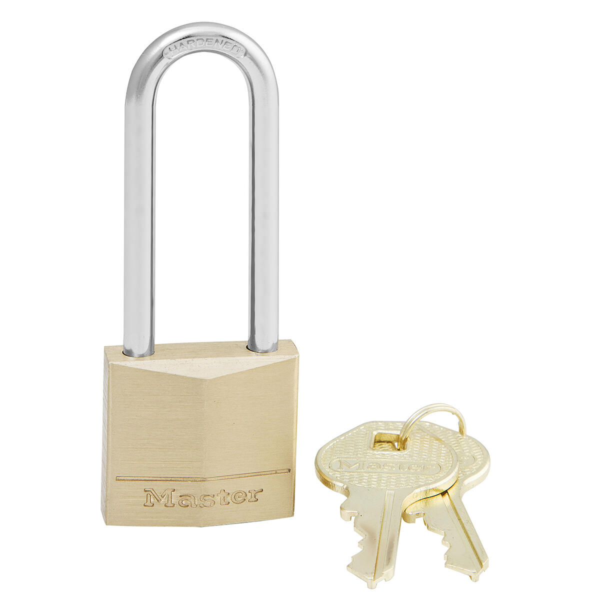 Mosiężna kłódka na klucz Master Lock 130EURDLJ z długim kabłąkiem, kolor złoty